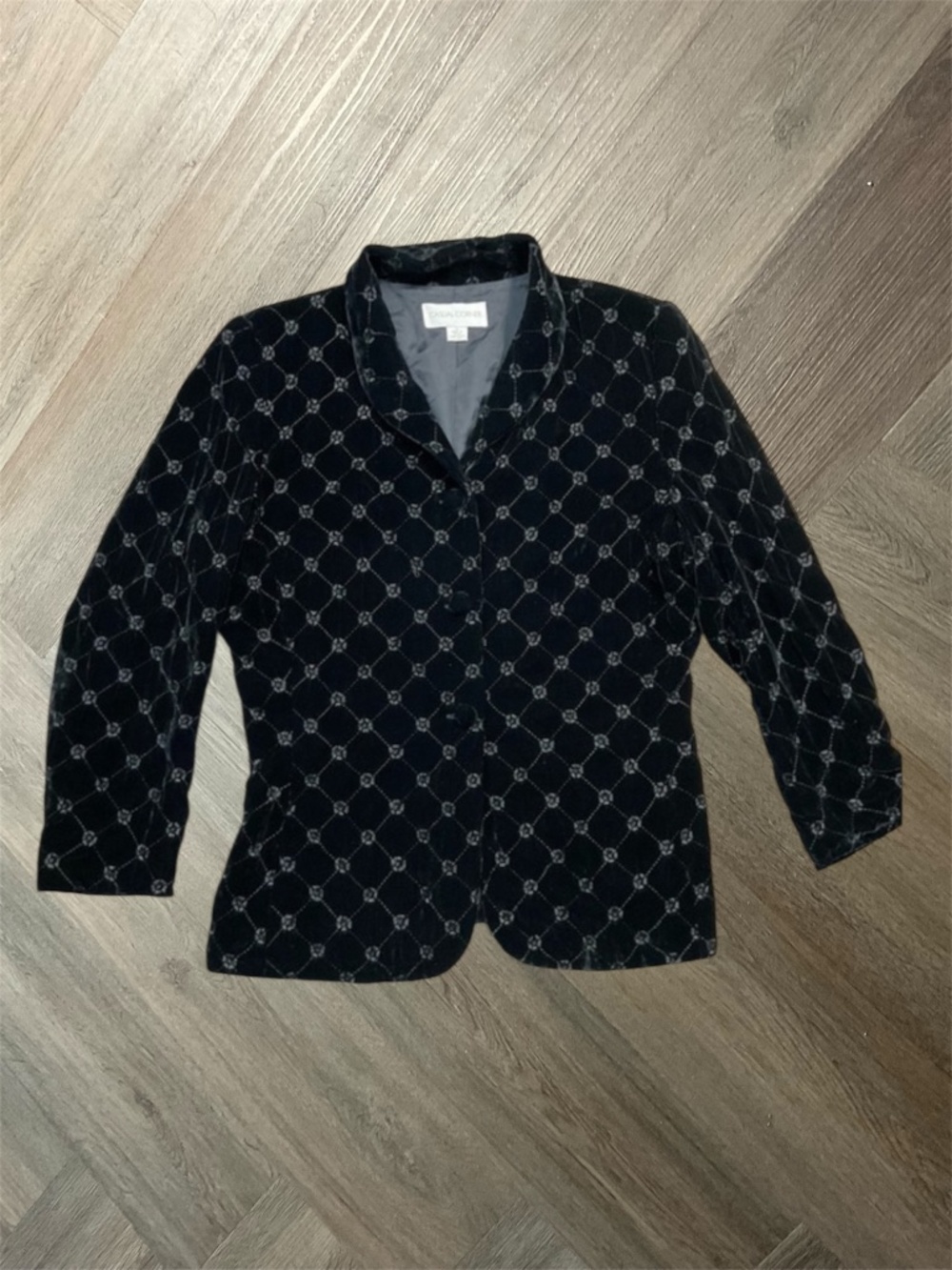 Vintage Casual Corner Silk Velvet‎ Embroidered Open Front Blazer Womens Black 12